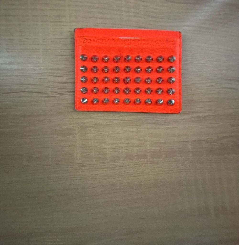 Christian Louboutin M Kios Spike Card Holder in Neon Orange Leather